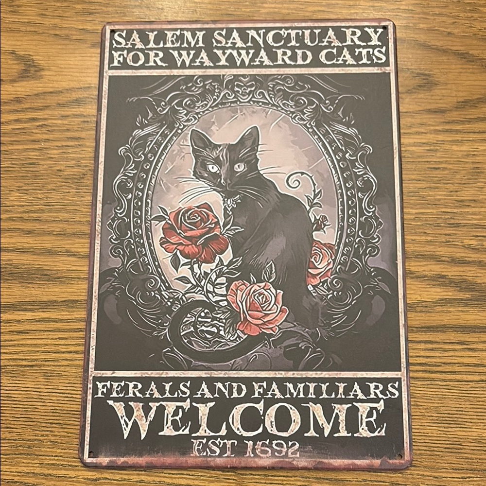 Salem Sanctuary Cat Welcome Metal Sign - Black and Red